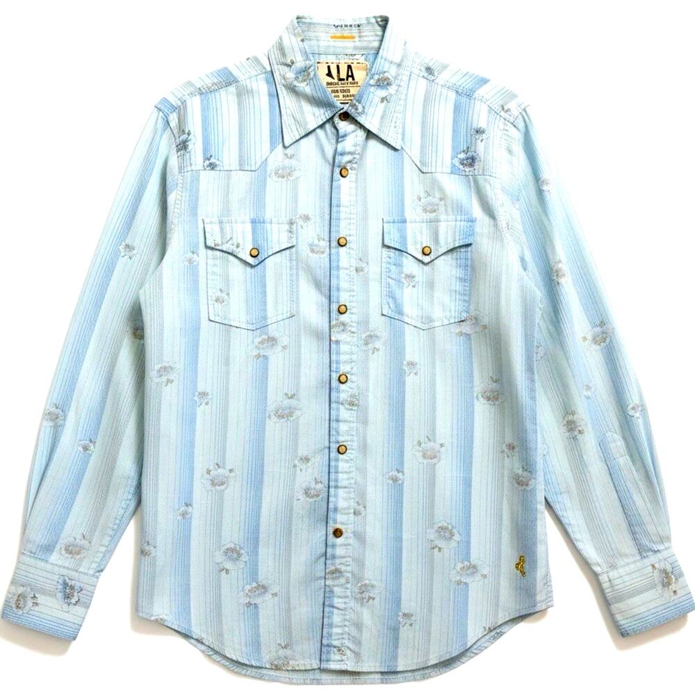 Western Cowboy Mens Pearl Snap Shirt M Blue Floral Stripe Retro Roper Y2K 00s